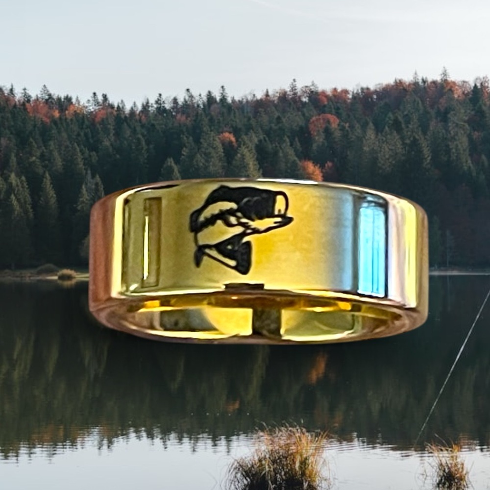 Mens Bass Fishing Ring Gold Tungsten Wedding Band Fishing Jewelry 10 Fishermen